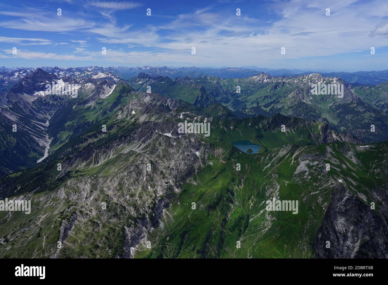 Aerial view of Schrecksee in AllgÃ¤u and the mountains in Austria. Stock Photo