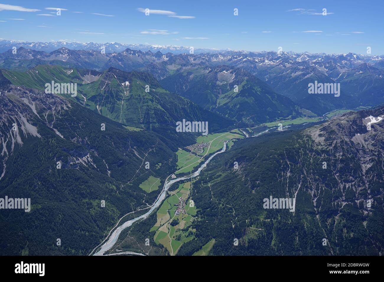 Aerial view of mountain and valley at Lech in Tirol / Austria. Stock Photo