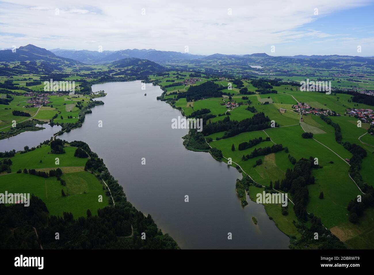 Aerial view of landscape in AllgÃ¤u with lakes and mountains Stock ...
