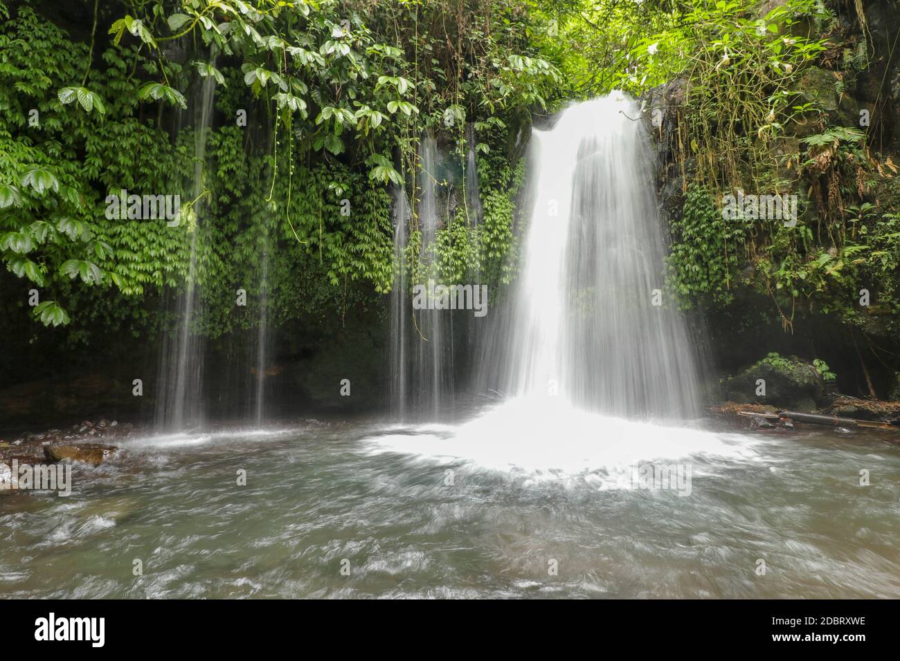 Yeh Ho Waterfall is located in the lush rice field-laden Penebel village in Tabanan. The stream of beautiful waterfall in the jungle in Jatiluwih area Stock Photo