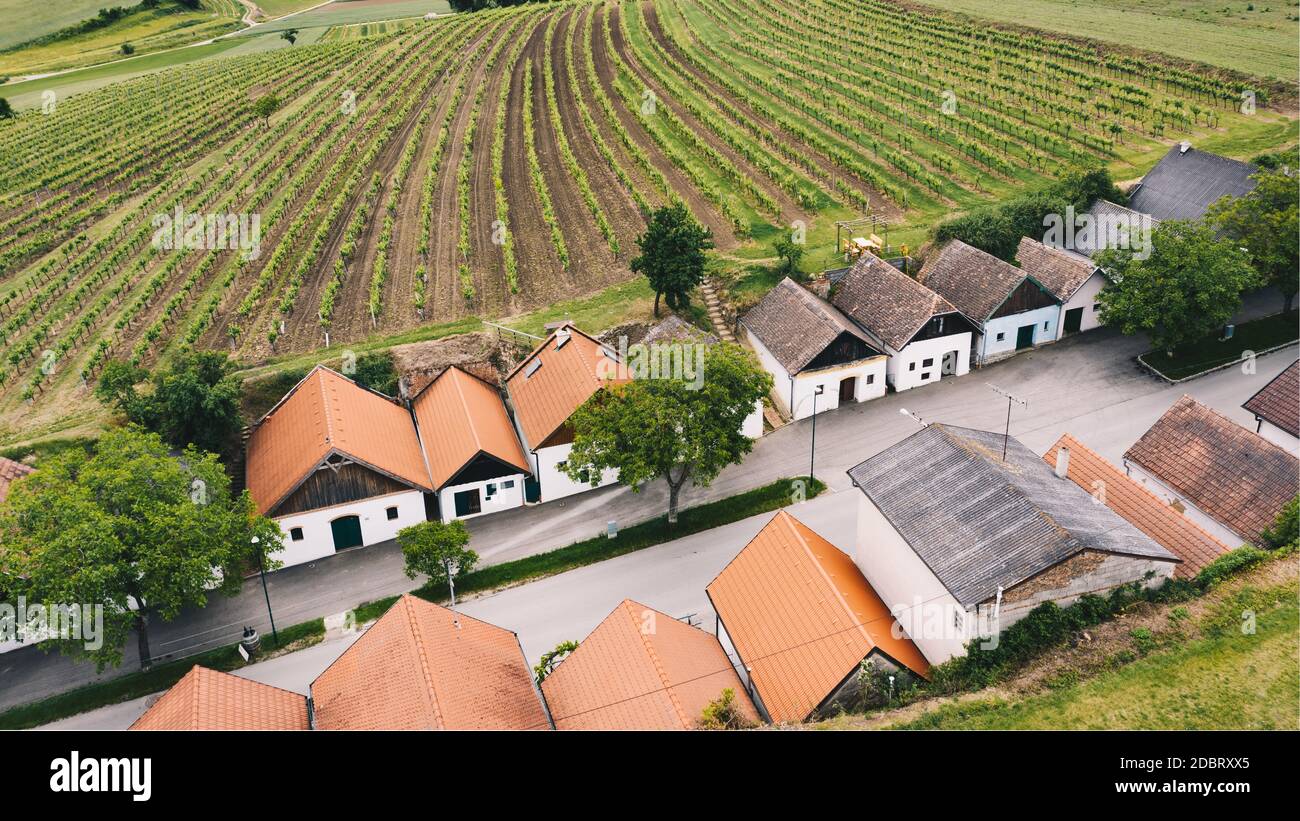 Wine cellars in Mailberg in the Austrian Weinviertel during springtime. Stock Photo