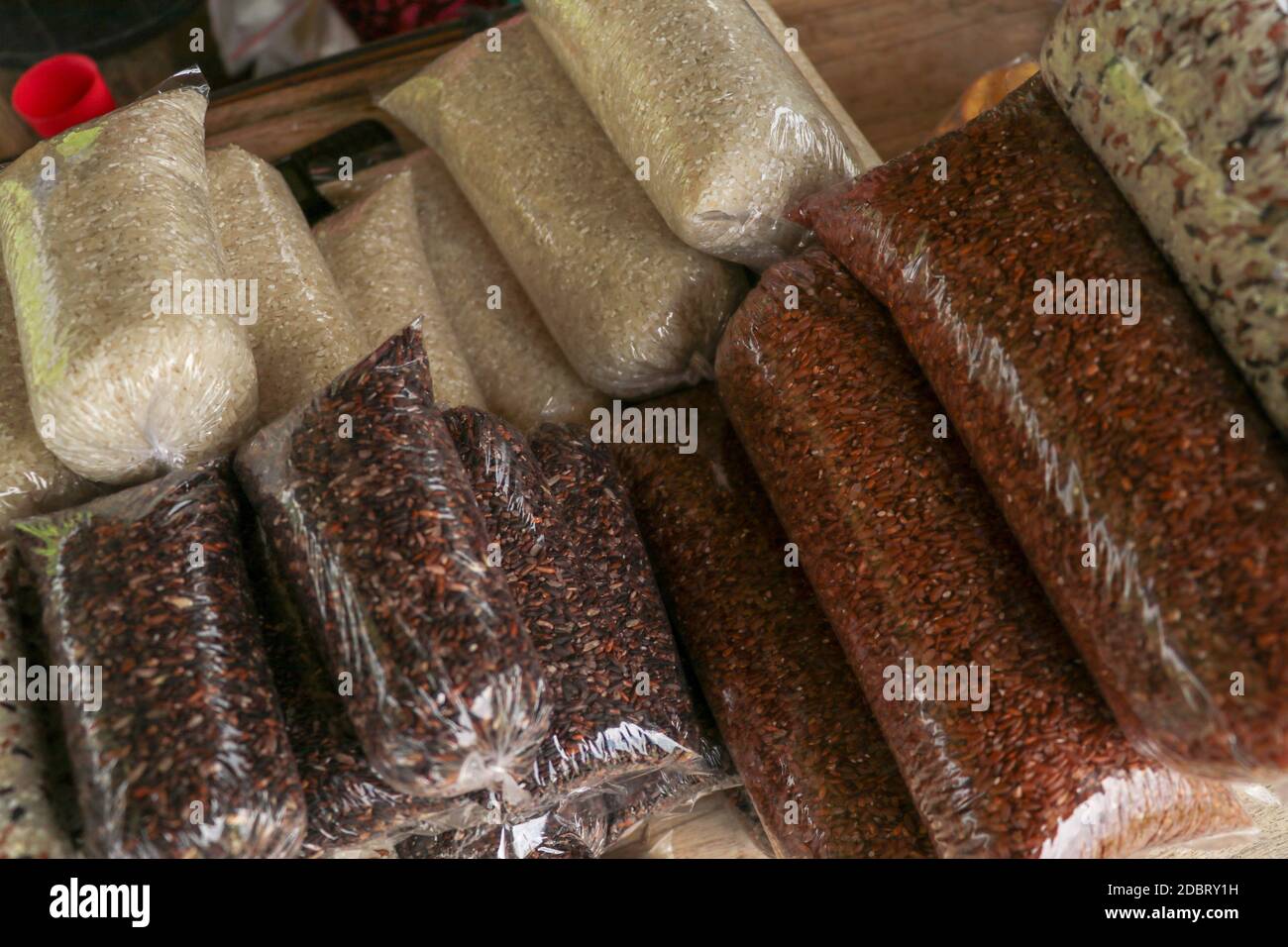 Five difference types of rice in a plastic vacuum bag. Various groats ...