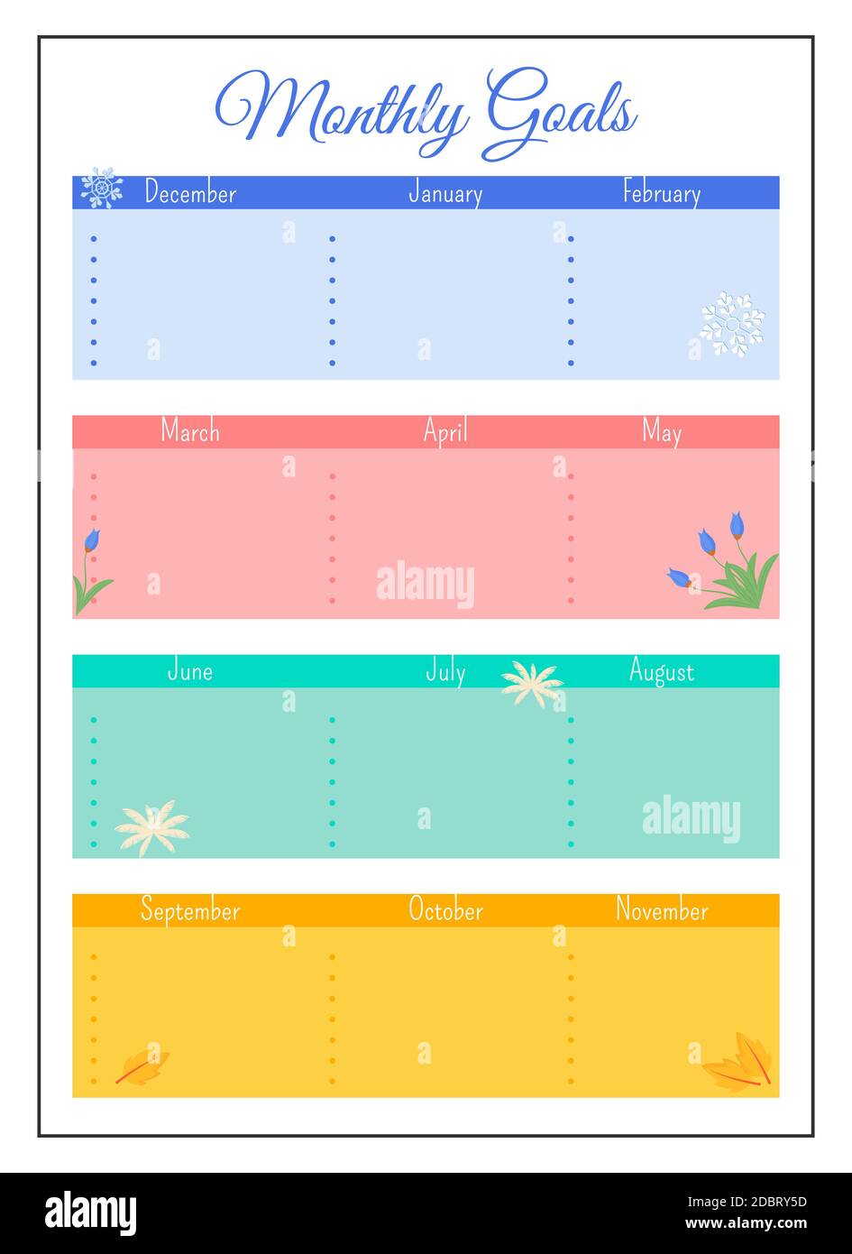 Monthly goals grid creative planner page design. Event schedule