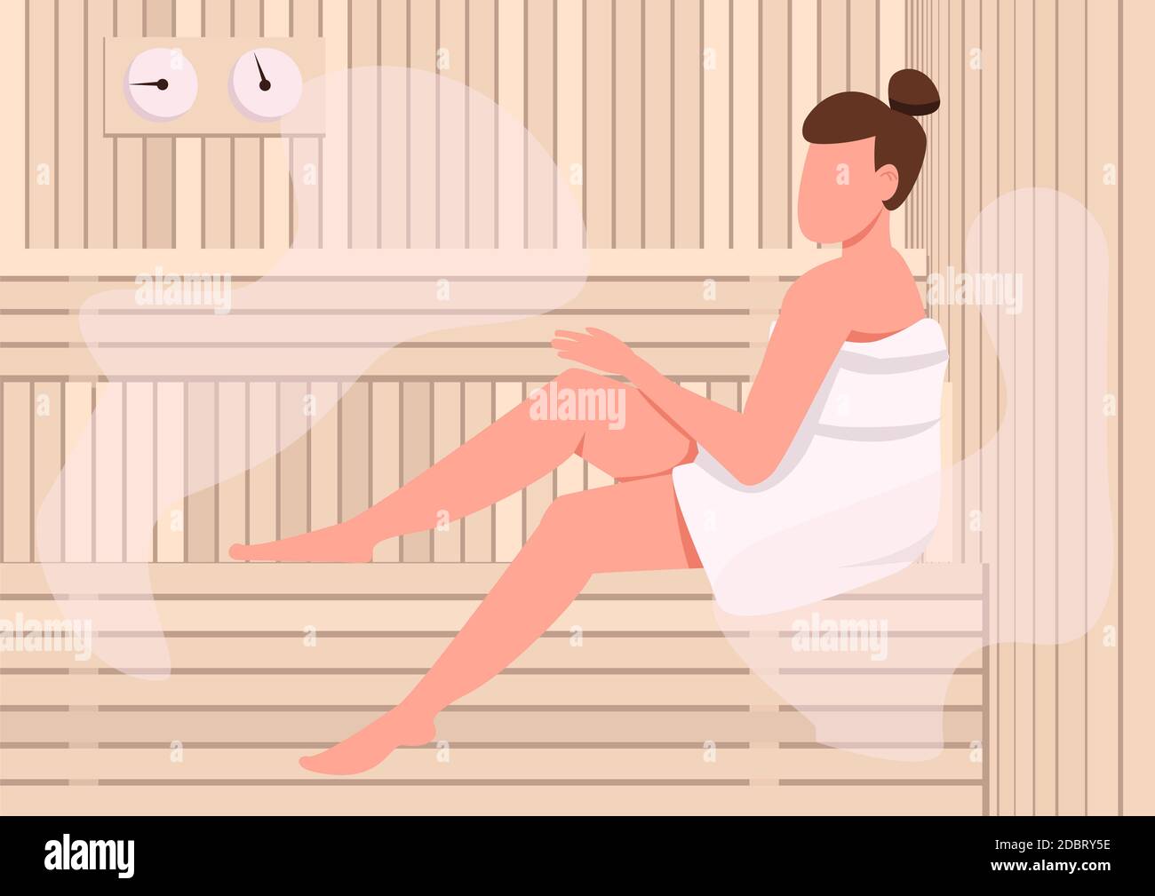 Sauna flat color vector illustration. Woman in towel 2D cartoon character  with steam room on background. Healthy pastime, recreational activity. Spa  c Stock Photo - Alamy