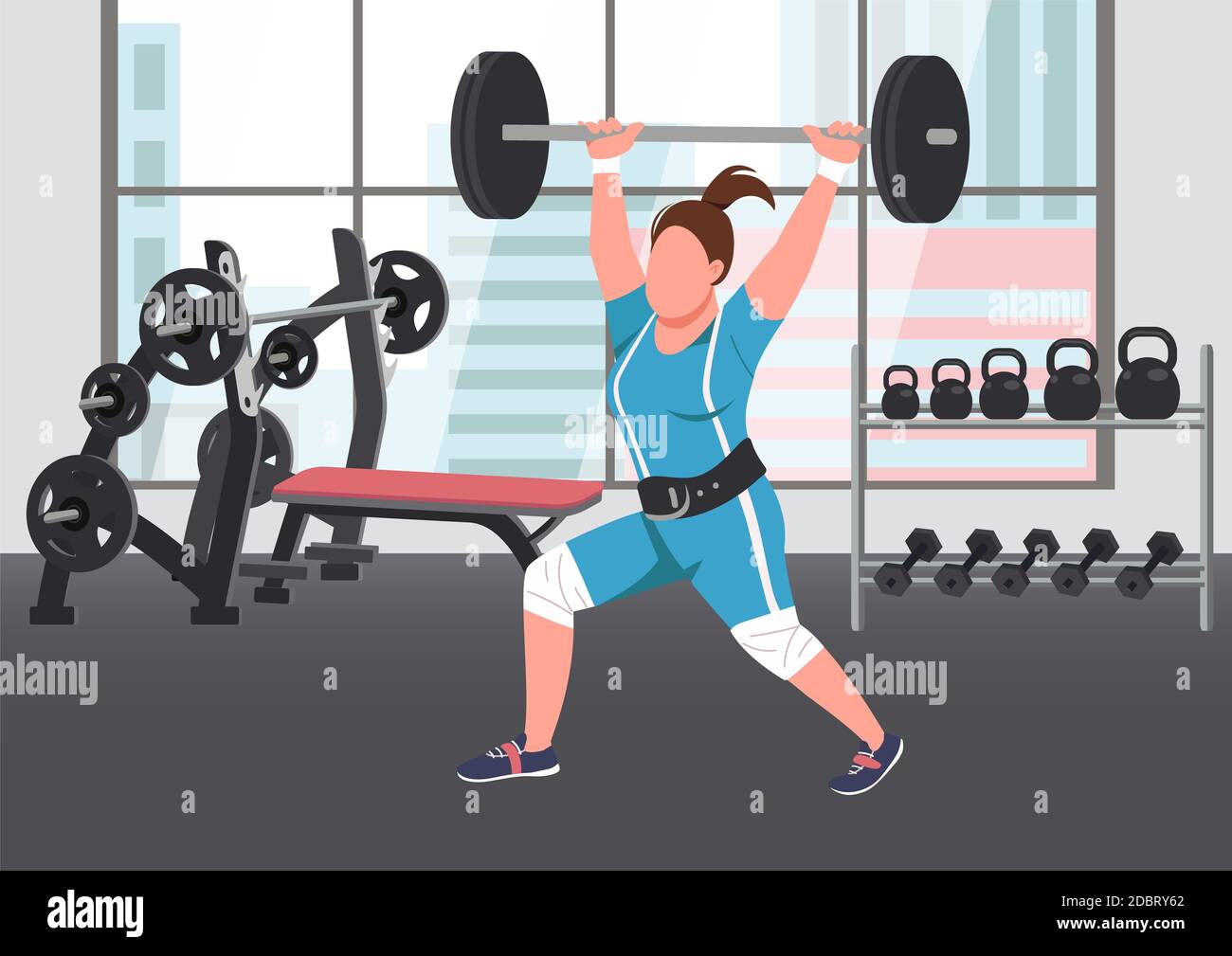 Weightlifting flat color vector illustration. Strong sportswoman, female  athlete lifting barbell 2D cartoon character with gym on background.  Professi Stock Photo - Alamy