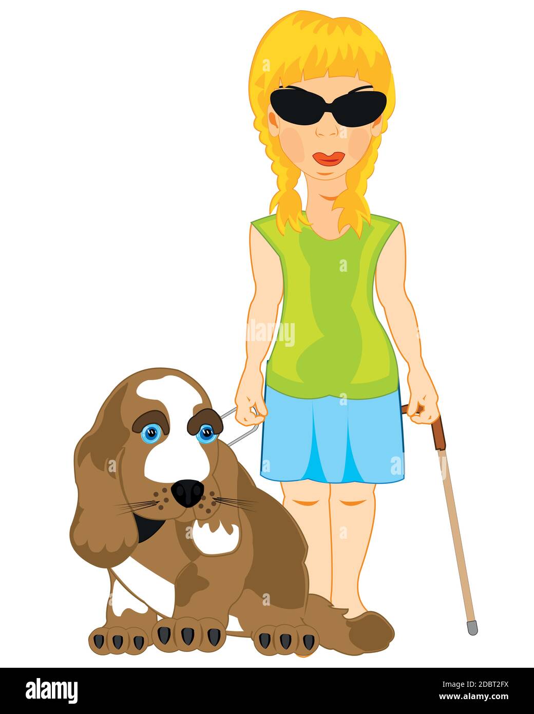 Blinding girl with dog by guide on leash Stock Vector