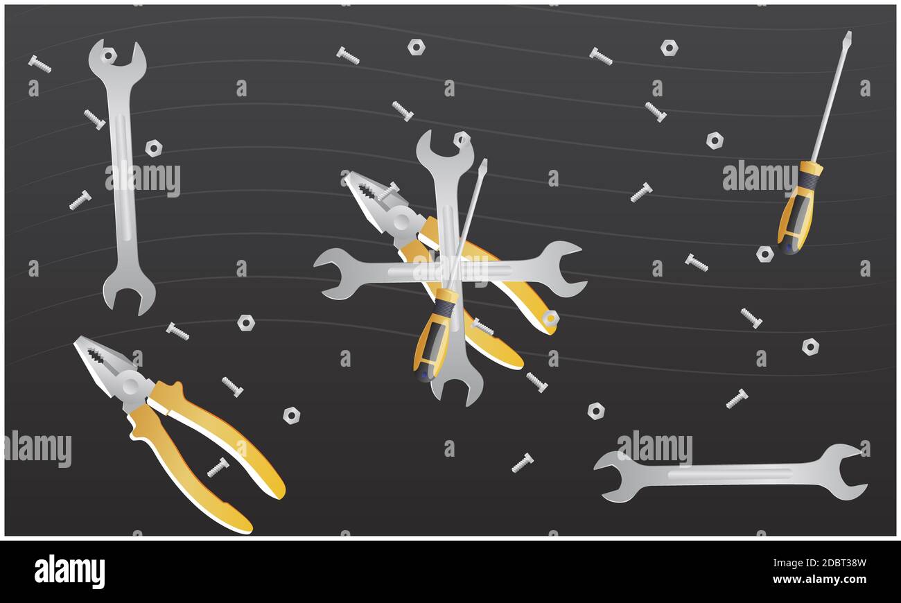 collection of labor equipments on abstract dark background Stock Photo ...