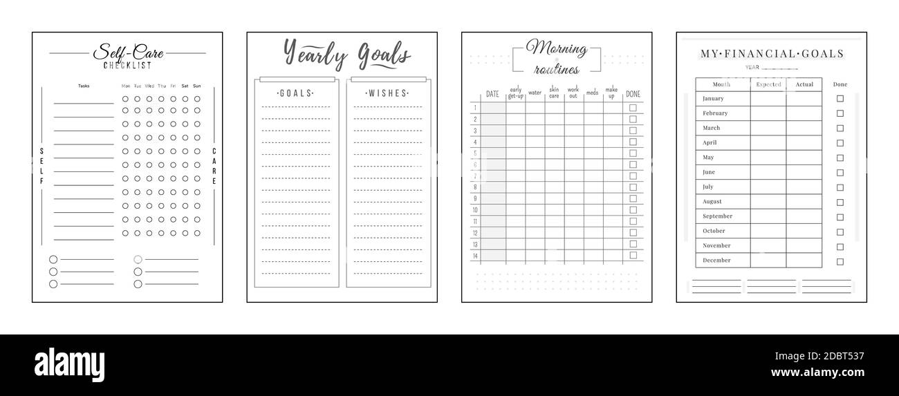 Annual resolution minimalist planner page set. Self care checklist