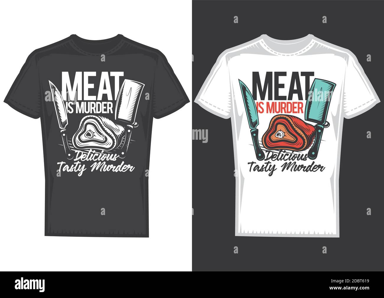 T-shirt design samples with illustration of meat and knives. Stock Vector