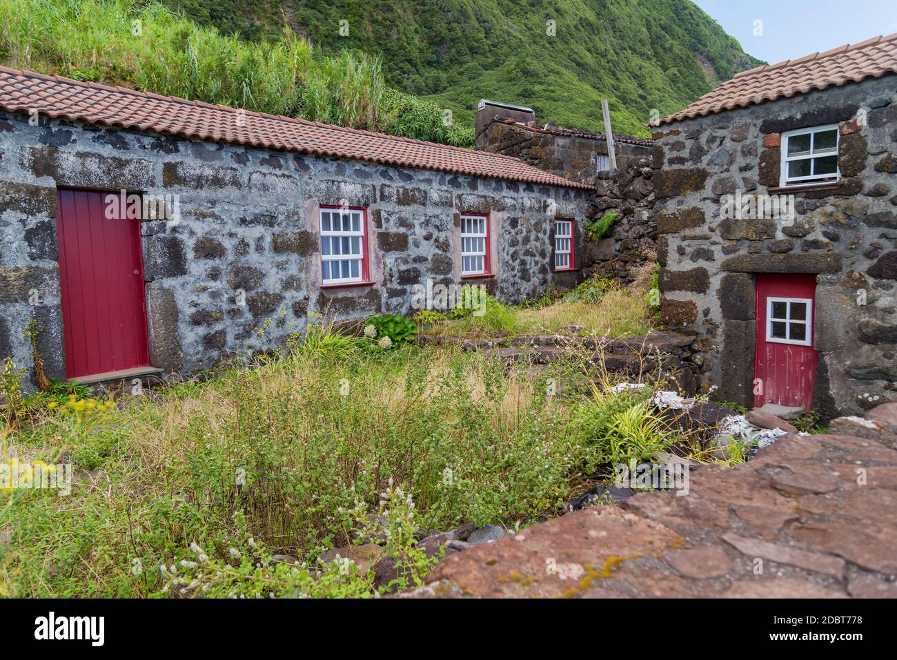 Traditional village on island Pico with houses of volcanic stone
