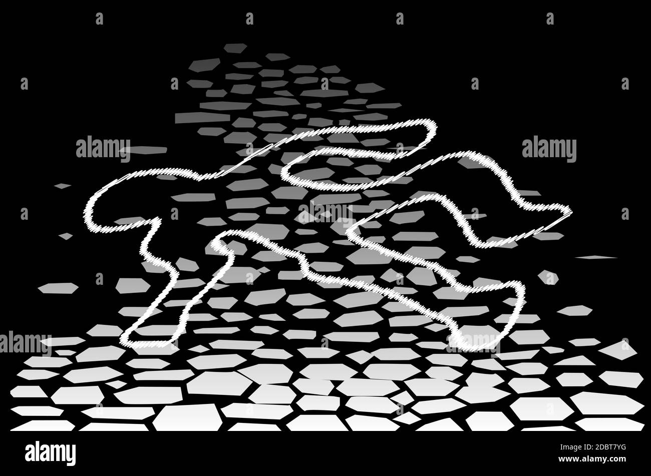 A body outline on a cobbled street with a black background Stock Photo