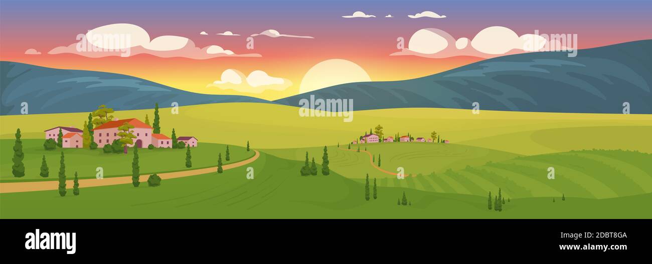 Summer sunrise in village flat color vector illustration. Tuscan scenery 2D  cartoon landscape with mountains on background. Sunset in small French tow  Stock Photo - Alamy
