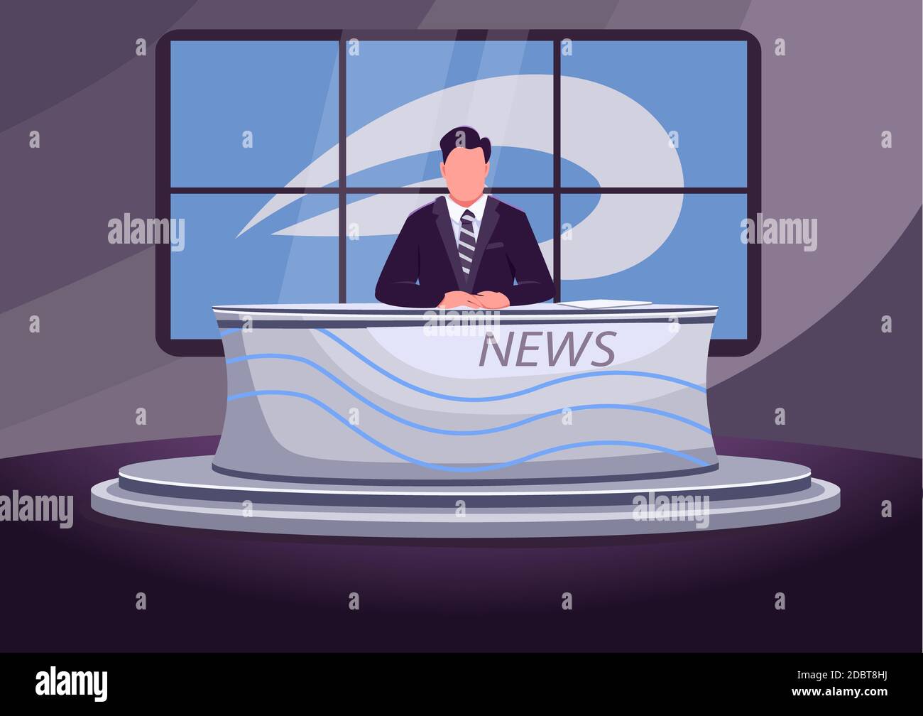 News broadcast flat color vector illustration. Professional newscaster