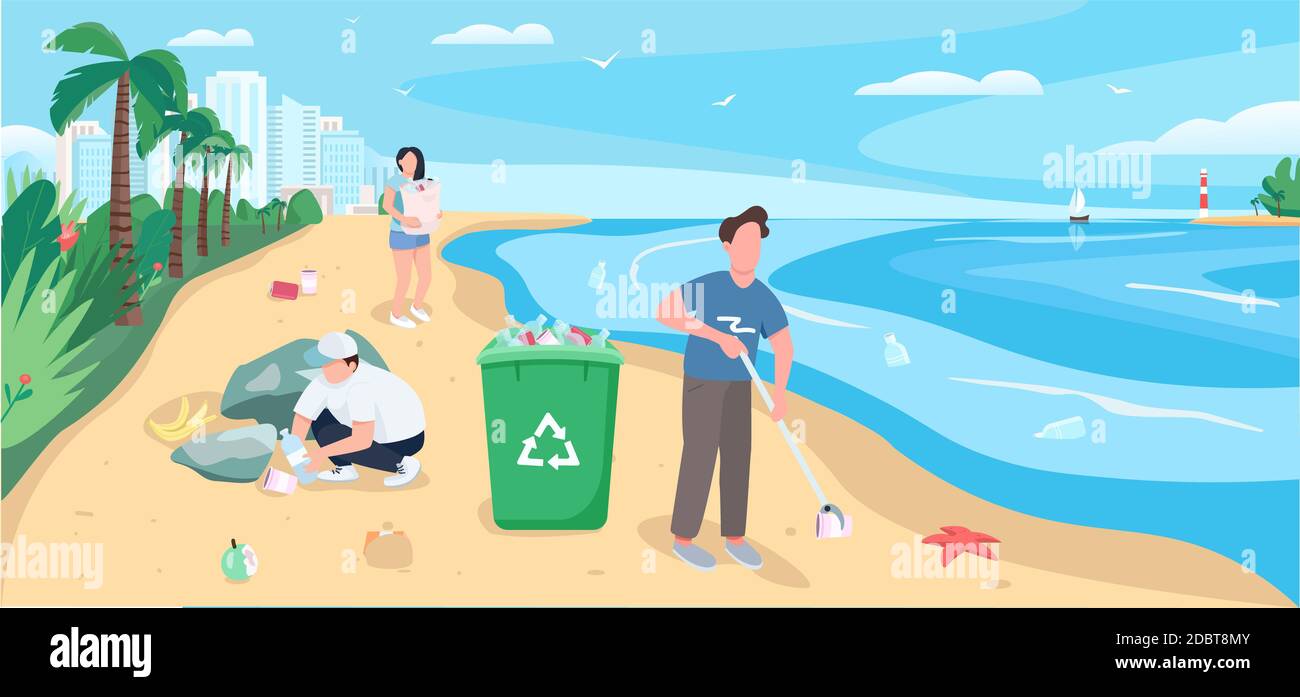 People cleaning sandy beach flat color vector illustration. Polluted