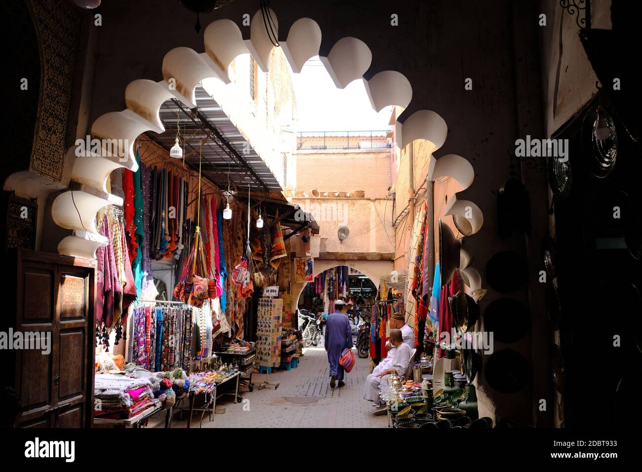 Morocco Marrakesh - Street view of Medina narrow trading streets Stock Photo