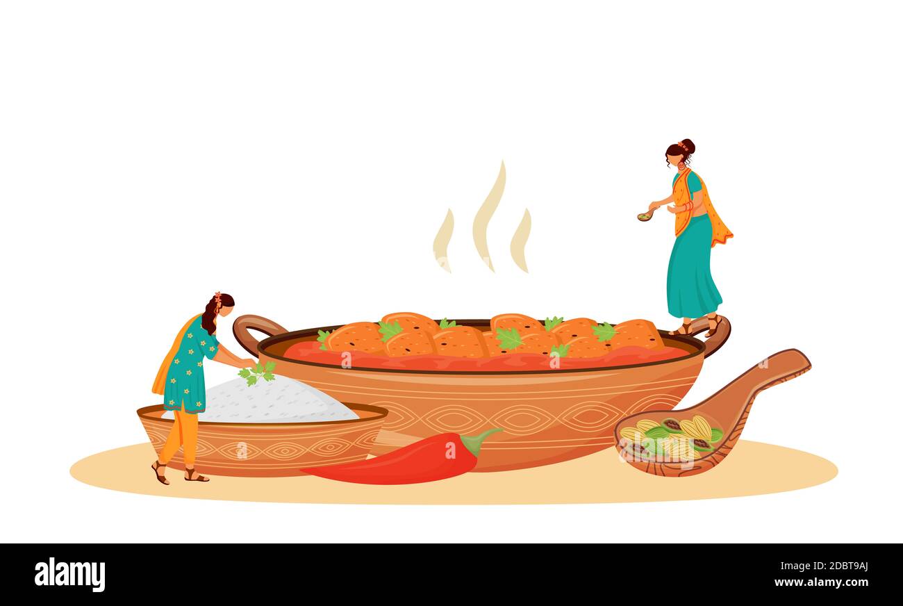 Matar paneer serving flat concept vector illustration. Female Indian cooks,  women in sari preparing traditional vegetarian dish 2D cartoon character f  Stock Photo - Alamy