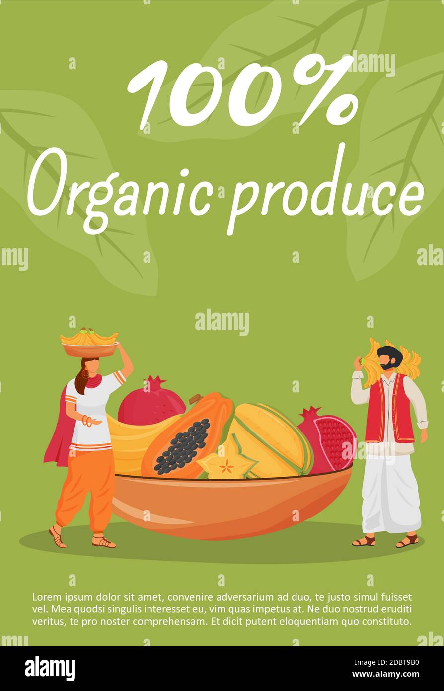 Organic produce poster flat vector template. Indian exotic fruits brochure,  booklet one page concept design with cartoon character. Traditional natura  Stock Photo - Alamy