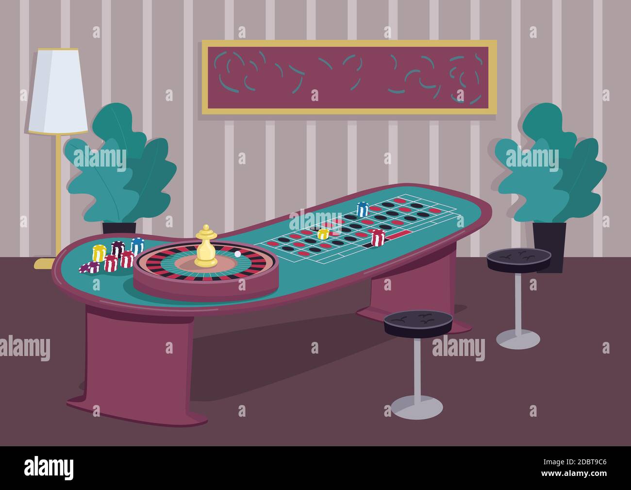 Roulette table flat color vector illustration. Gambling game to win bets.  Put stake on red. Chips on black. Spin wheel reel. Casino room 2D cartoon  in Stock Photo - Alamy