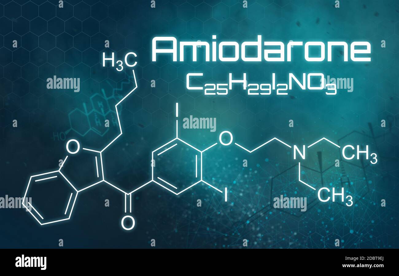 Chemical formula of Amiodarone on a futuristic background Stock Photo