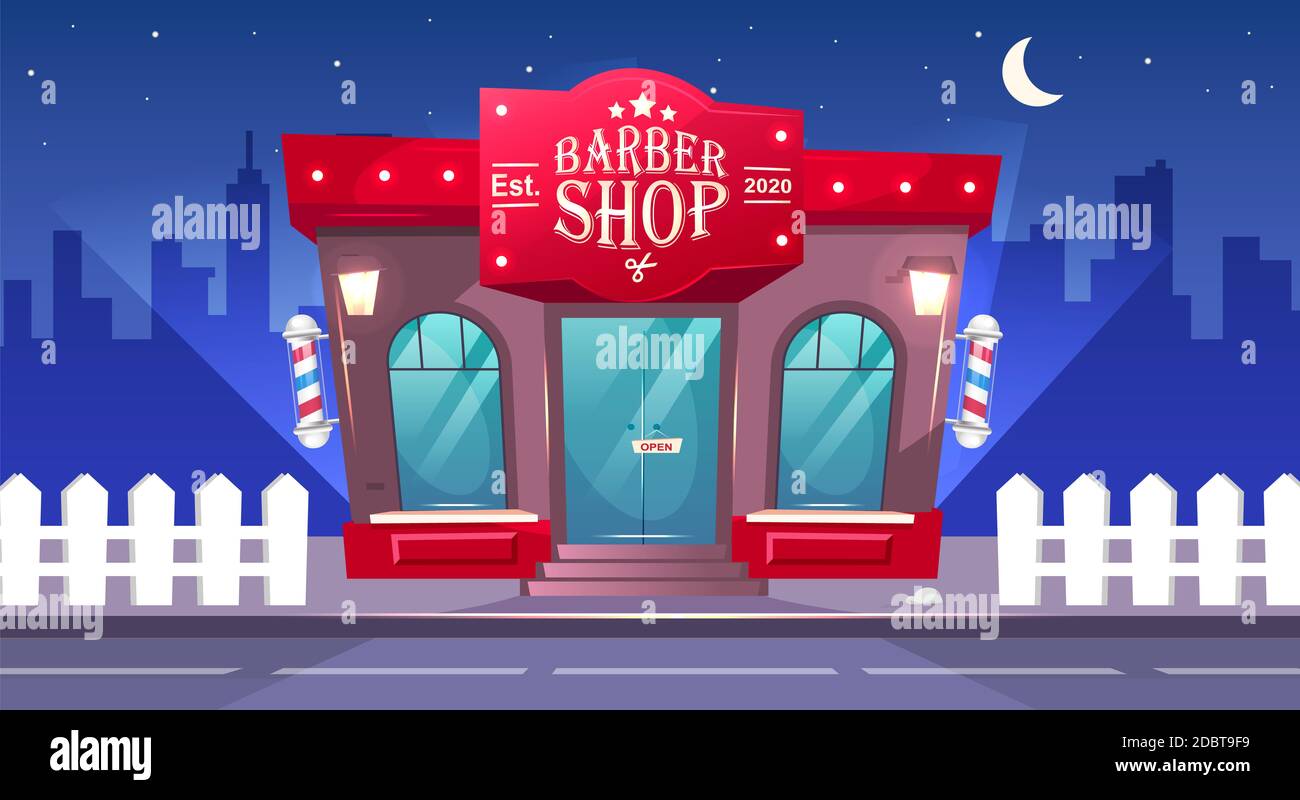 Barbershop Front At Night Flat Color Vector Illustration Hairdresser   Barbershop Front At Night Flat Color Vector Illustration Hairdresser Store Entrance Barber Shop Brick Building Exterior Nighttime 2d Cartoon Citysc 2DBT9F9 