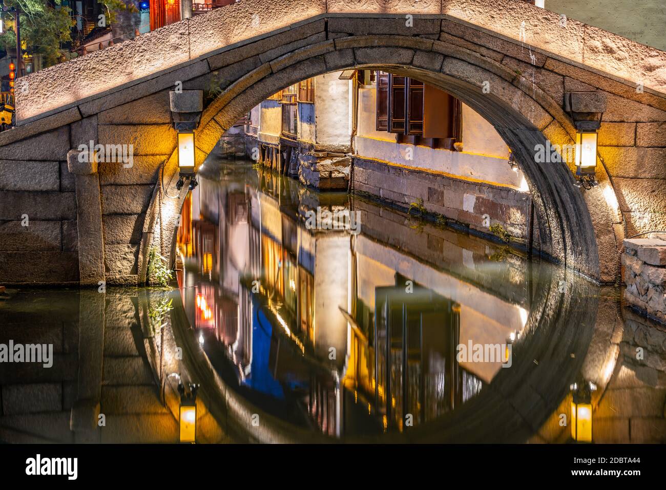 Night view of Zhouzhuang, an ancient Chinese watertown in Suzhou, China. Stock Photo