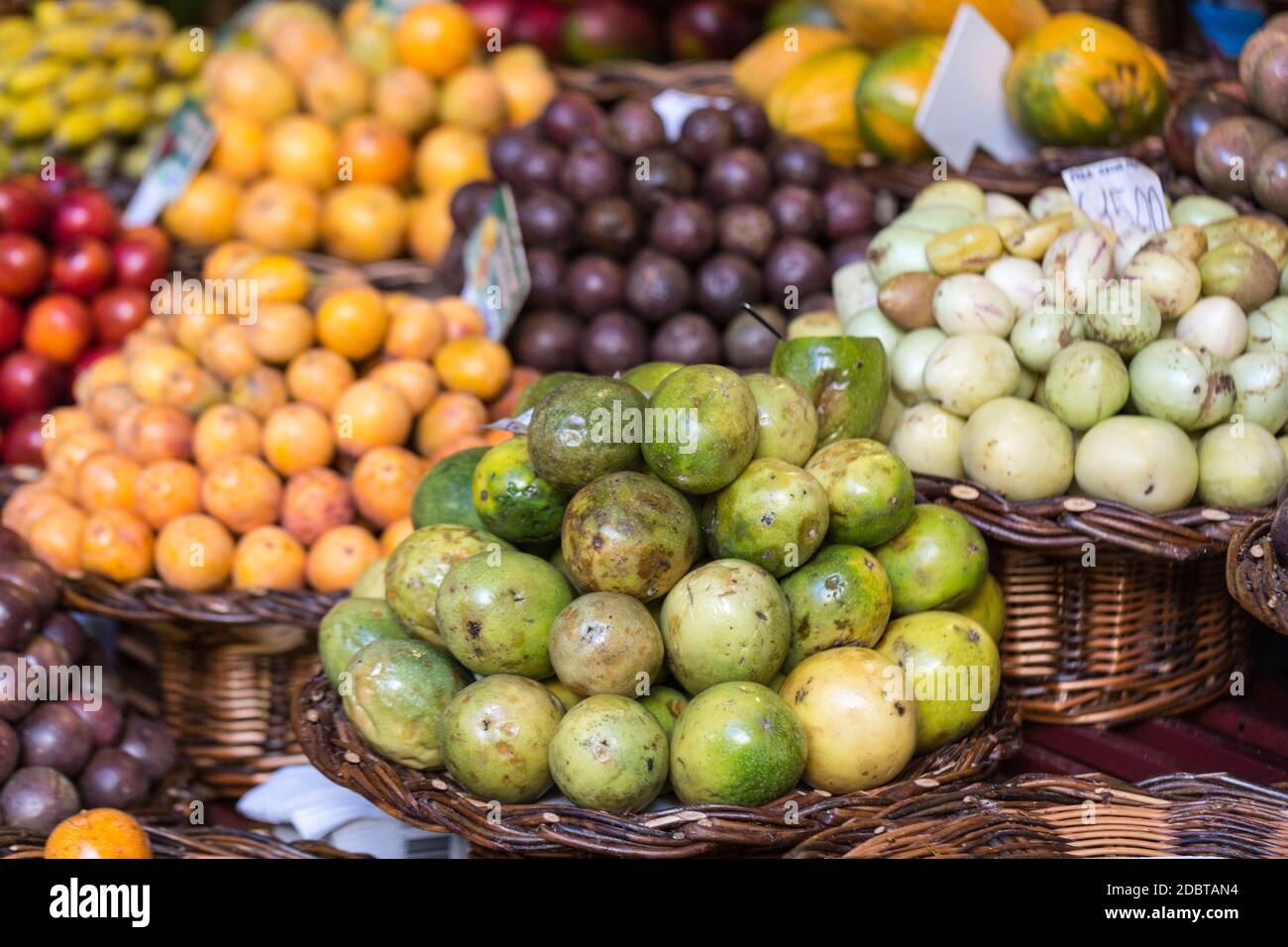 Fresh exotic fruits in Mercado Dos Lavradores. Funchal, Madeira Stock