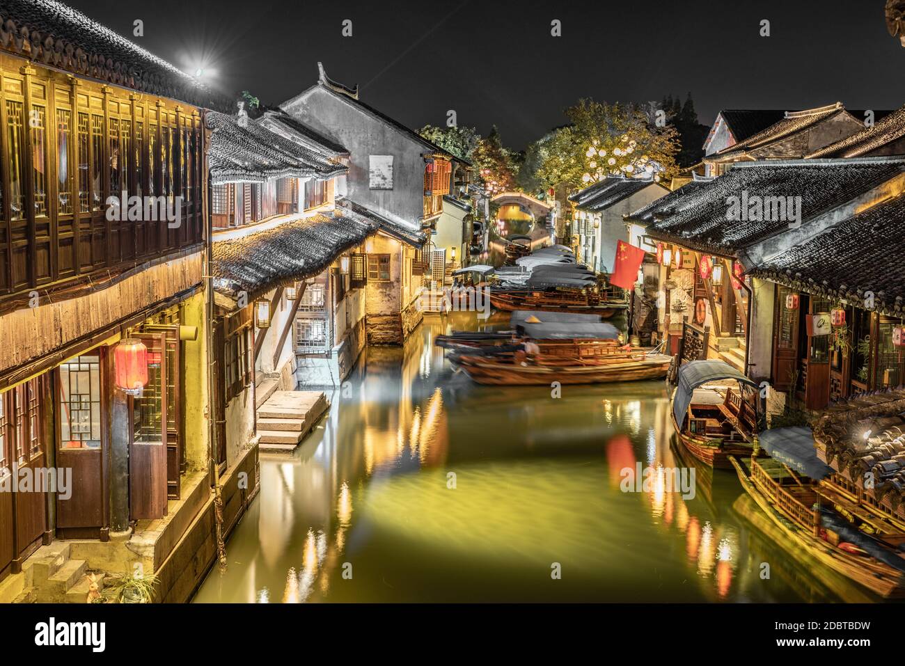 Night view of Zhouzhuang, an ancient Chinese watertown in Suzhou, China. Stock Photo