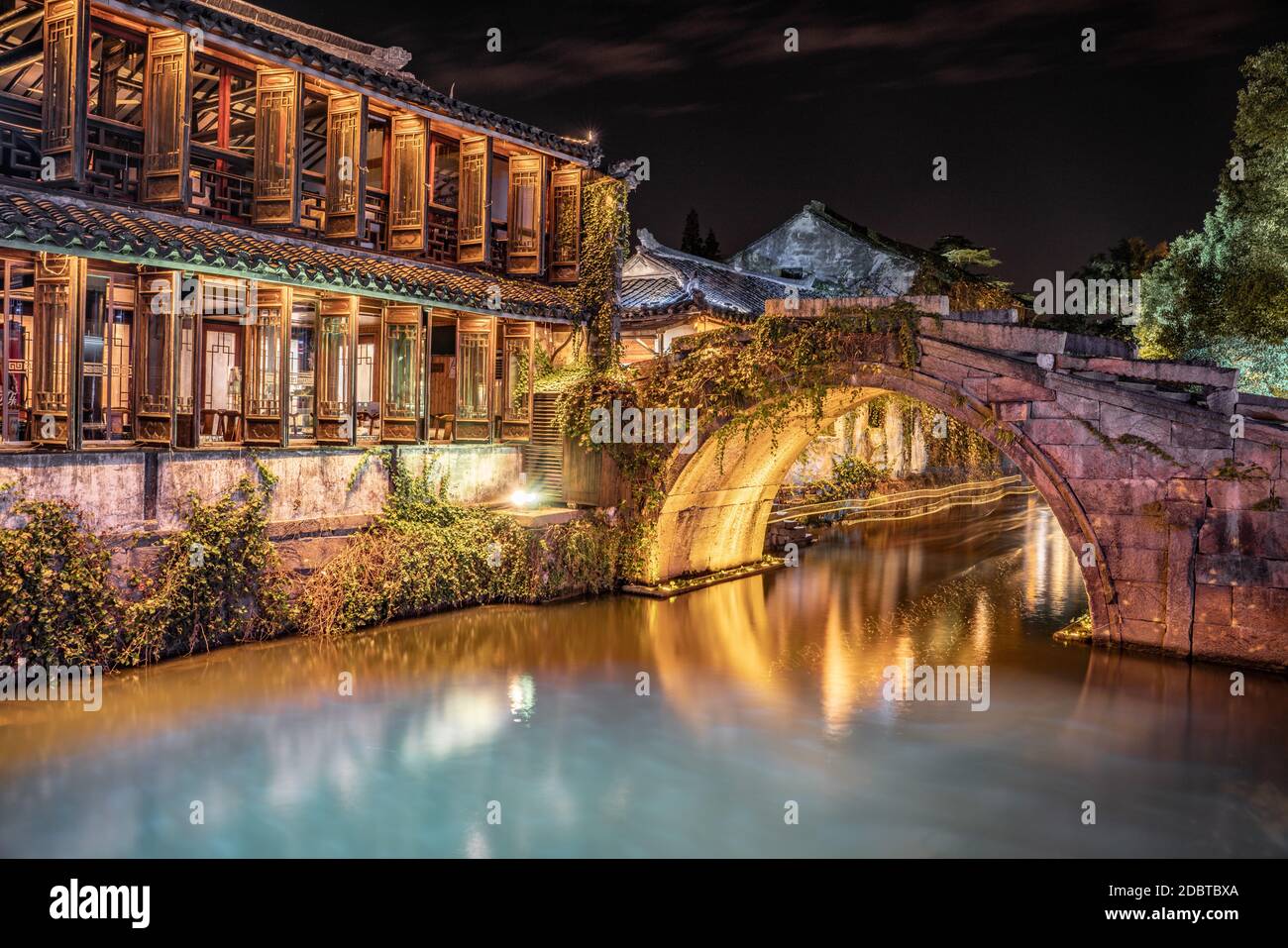 Night view of Zhouzhuang, an ancient Chinese watertown in Suzhou, China. Stock Photo