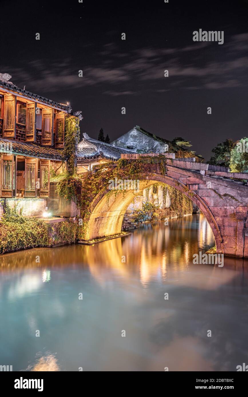 Night view of Zhouzhuang, an ancient Chinese watertown in Suzhou, China. Stock Photo