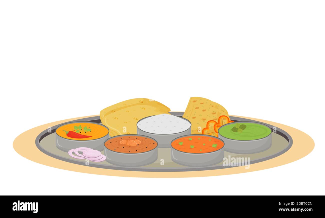 Thali cartoon vector illustration. Indian traditional dish, metal plate  with meals flat color object. Restaurant food portion serving, steel tray  with Stock Photo - Alamy