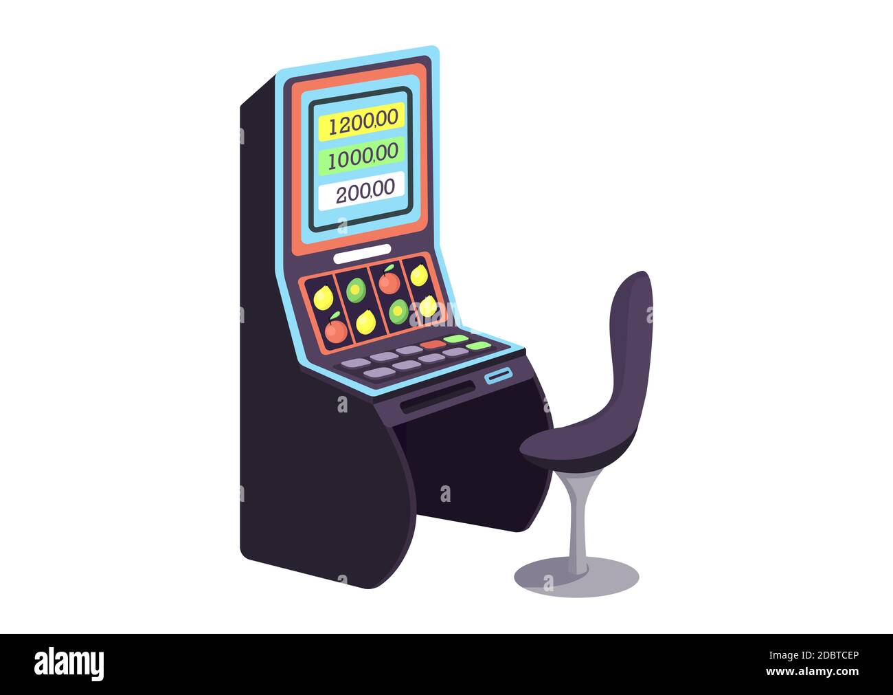 Casino cartoon vector illustration. Fruit machine flat color object. Gambling entertainment. Make bets in lottery. Count odds to win jackpot. Slot mac Stock Photo
