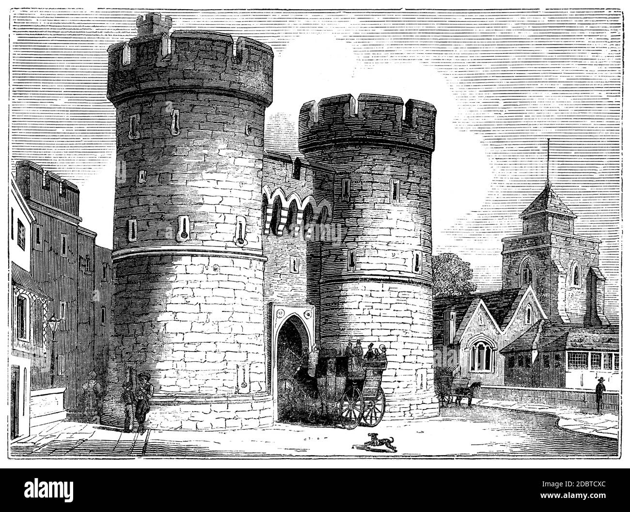 West gate and Holy Cross Church, Canterbury, UK (1845 engraving) Stock Photo