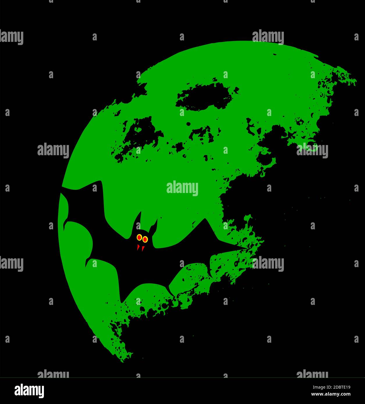 A large vampire bat accross the green moon Stock Photo