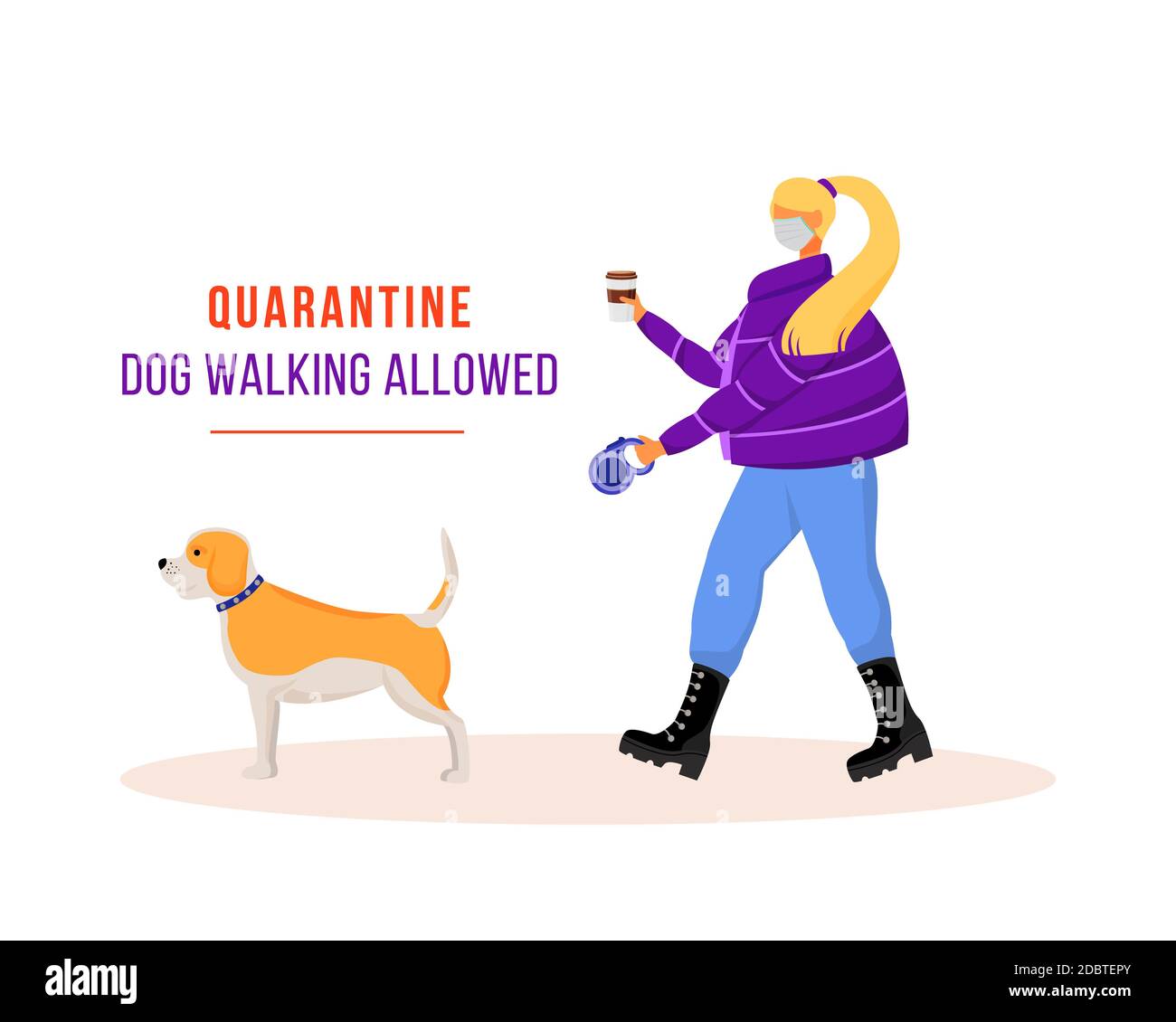 Woman walking dog during quarantine flat color vector faceless