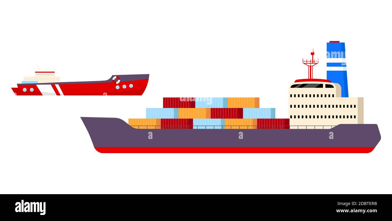 Freight ships flat color vector objects set. Industrial nautical vessels 2D isolated cartoon illustrations on white background. International cargo tr Stock Photo