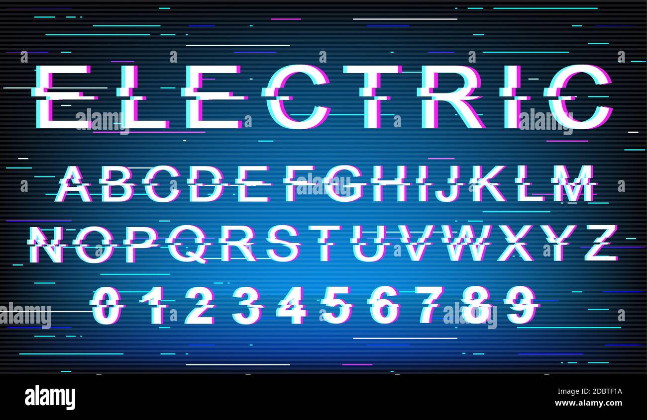 Electric glitch font template. Retro futuristic style vector alphabet