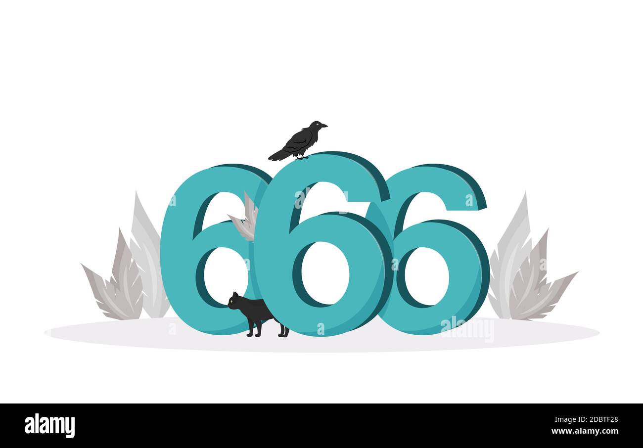 Number of the beast flat concept vector illustration. Number 666, black cat and raven 2D cartoon composition for web design. Satans mark, devil symbol Stock Photo