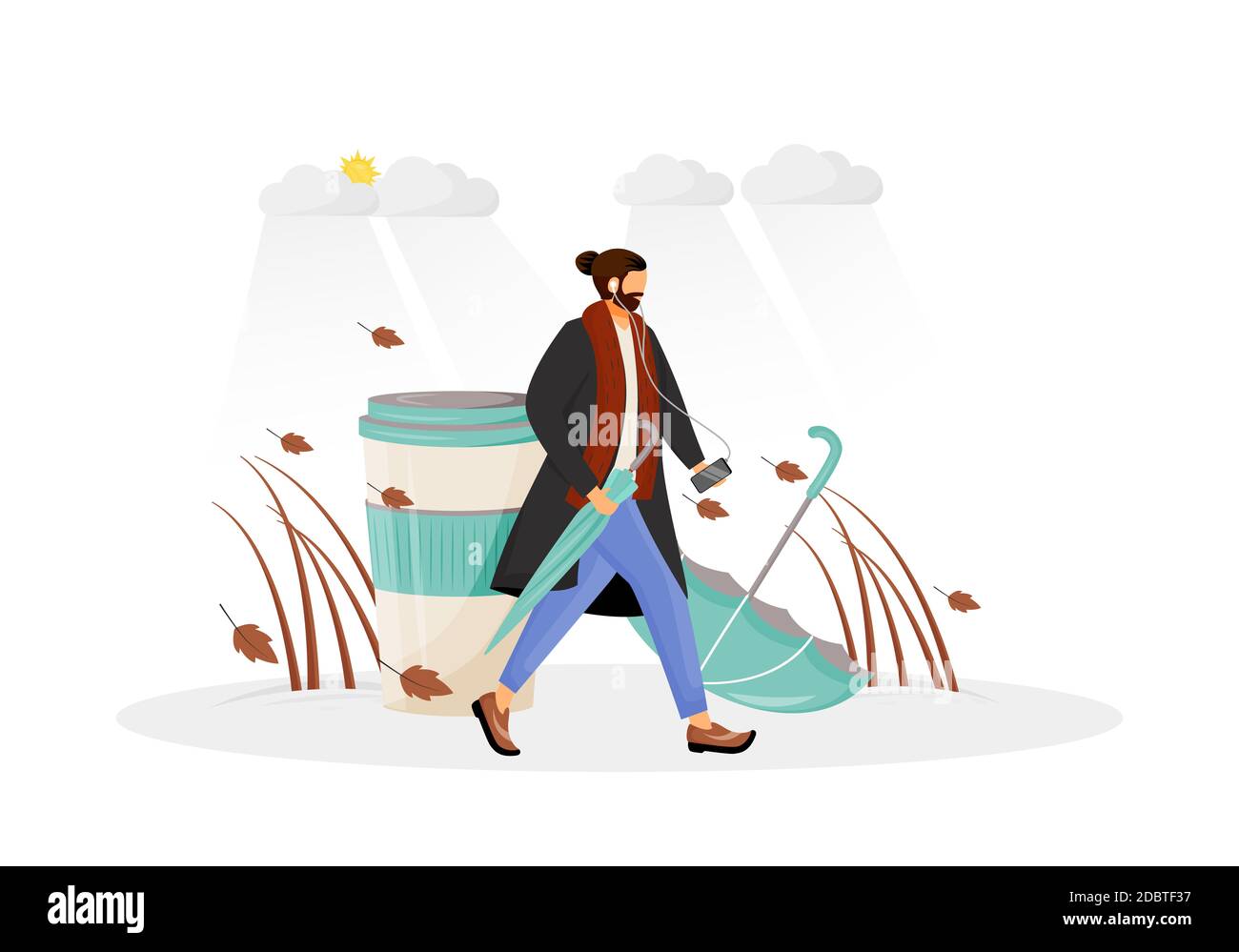 Man in coat go for walk flat concept vector illustration. Person with umbrella. Male hipster in fall 2D cartoon character for web design. Coffee takea Stock Photo - Alamy Man in coat go for walk flat concept vector illustration. Person with umbrella. Male hipster in fall 2D cartoon character for web design. Coffee takea Stock Photo - Alamy