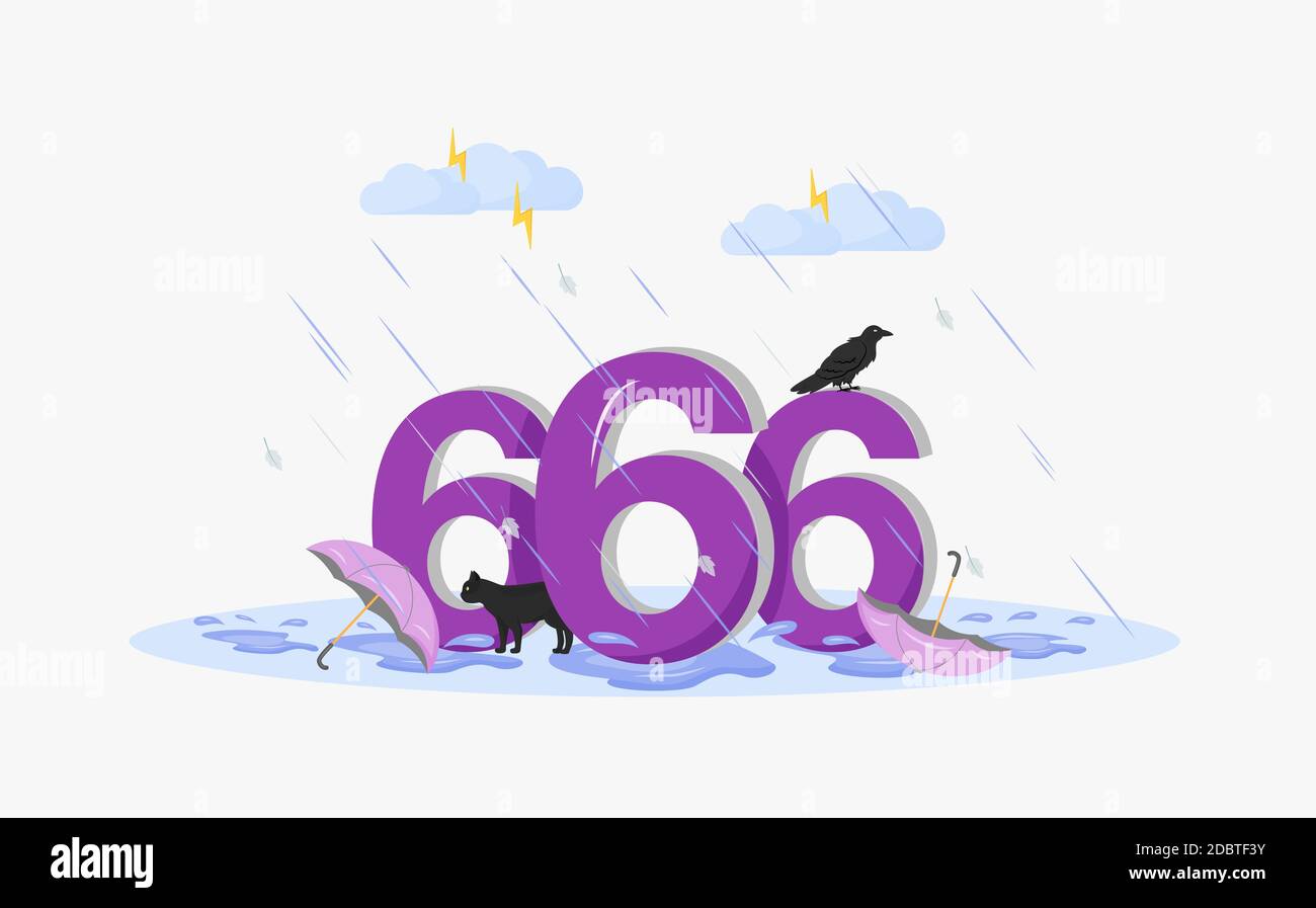 Satan number flat concept vector illustration. Number 666, black cat, crow and umbrellas in thunderstorm 2D cartoon composition for web design. Supers Stock Photo