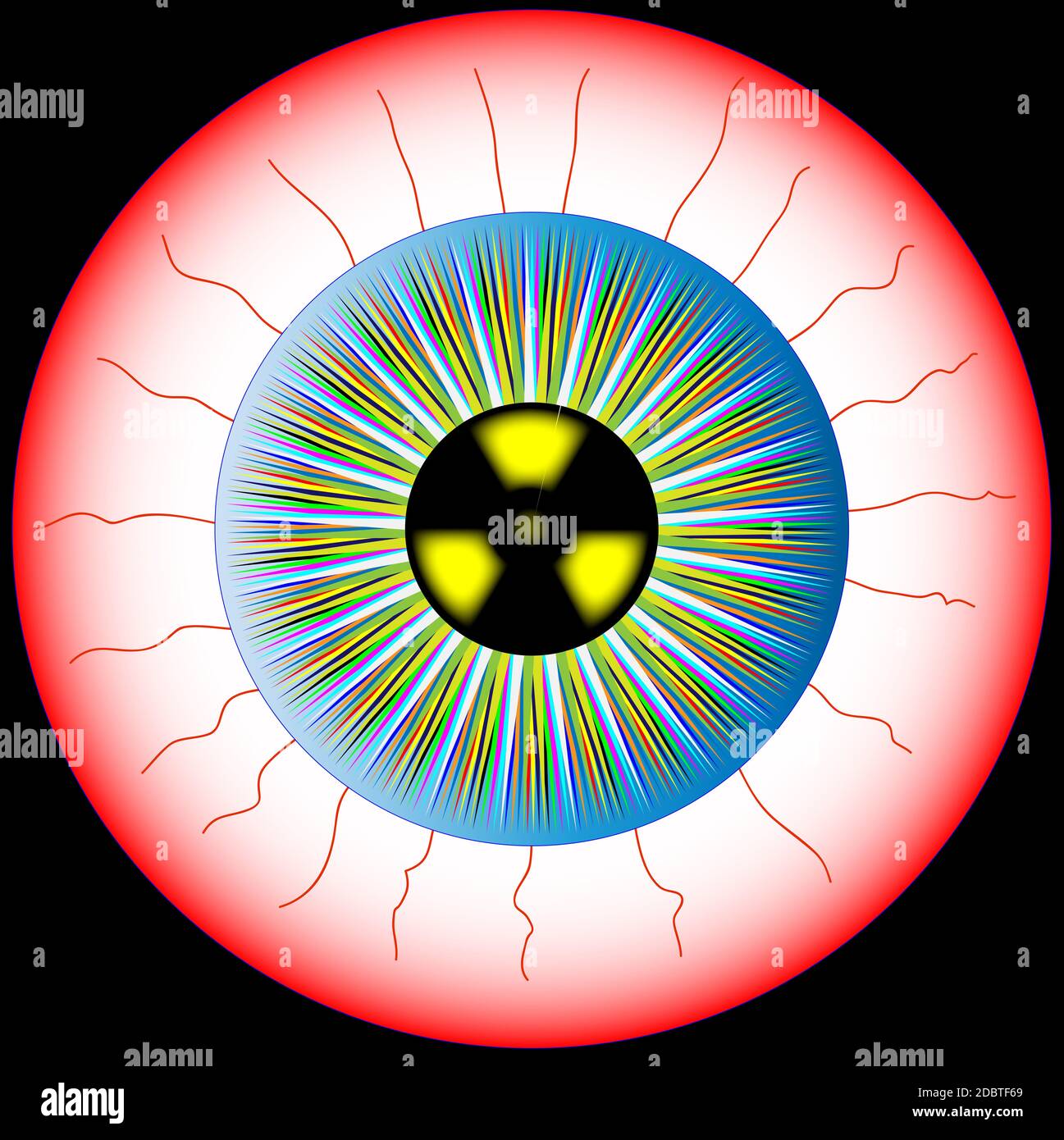 A multicoloured eye isolated over a white backgroundwith the radiation symbol in the pupil Stock Photo