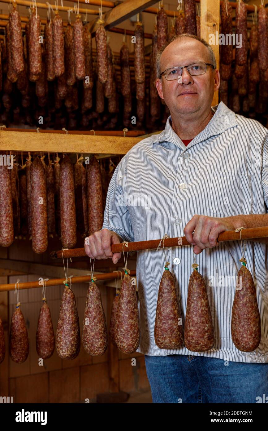 Handmade smoked sausage from the butcher Stock Photo Alamy