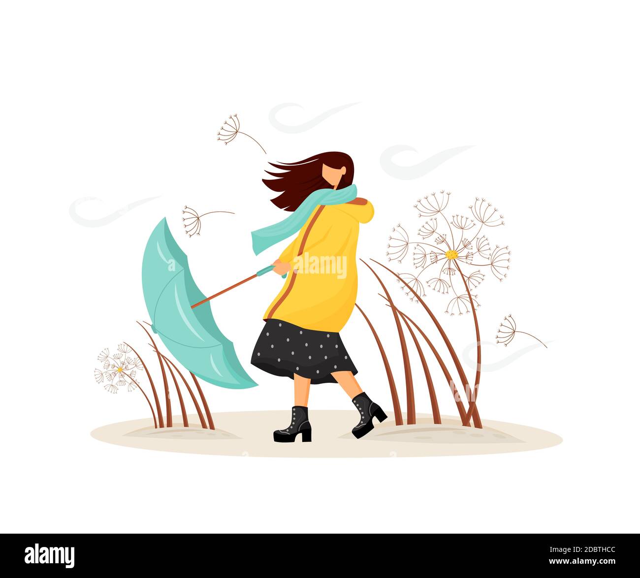 Windy weather flat concept vector illustration. Woman in coat with umbrella  in storm. Female walk in raincoat 2D cartoon character for web design. Thu  Stock Photo - Alamy