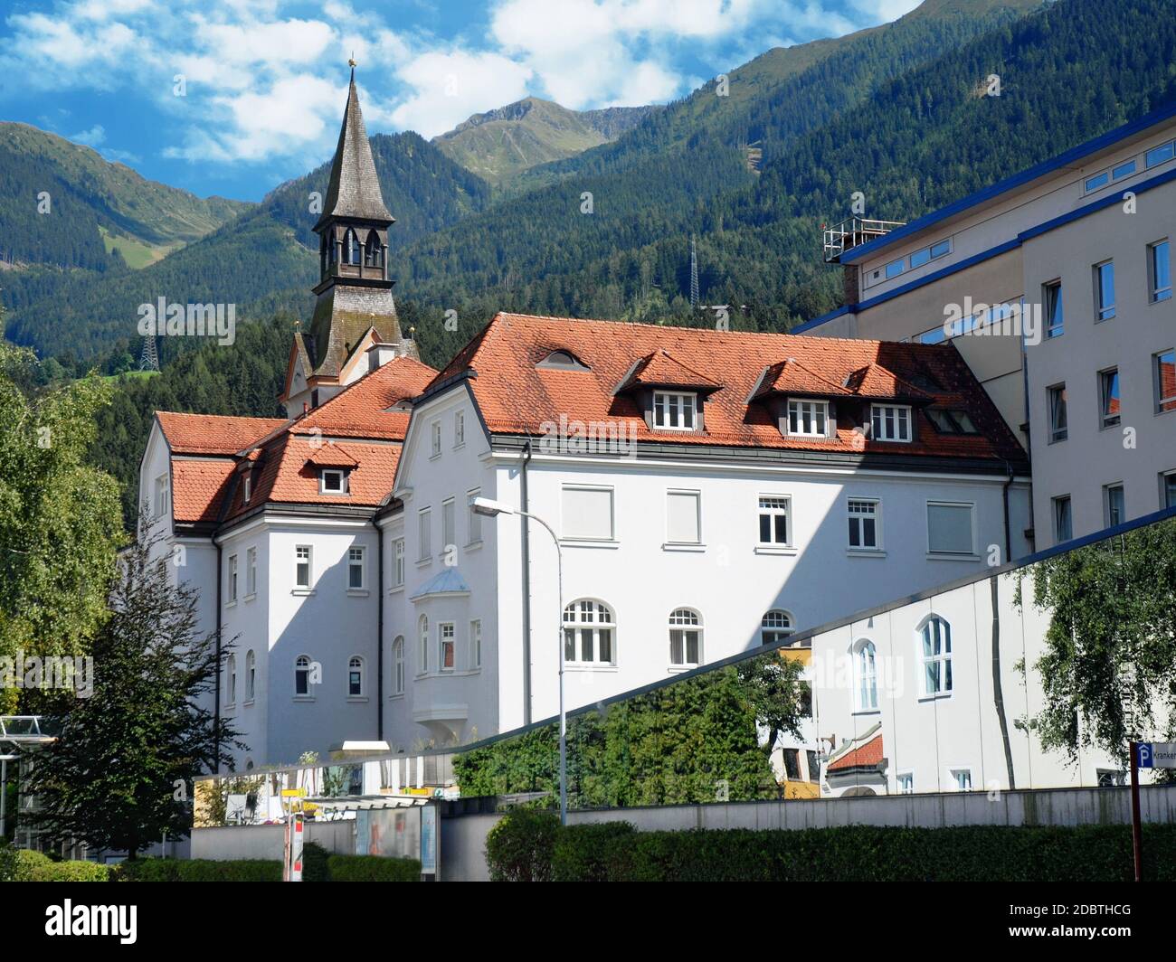 Schwaz Hospital with the old wing tower, Schwaz, Austria Stock Photo