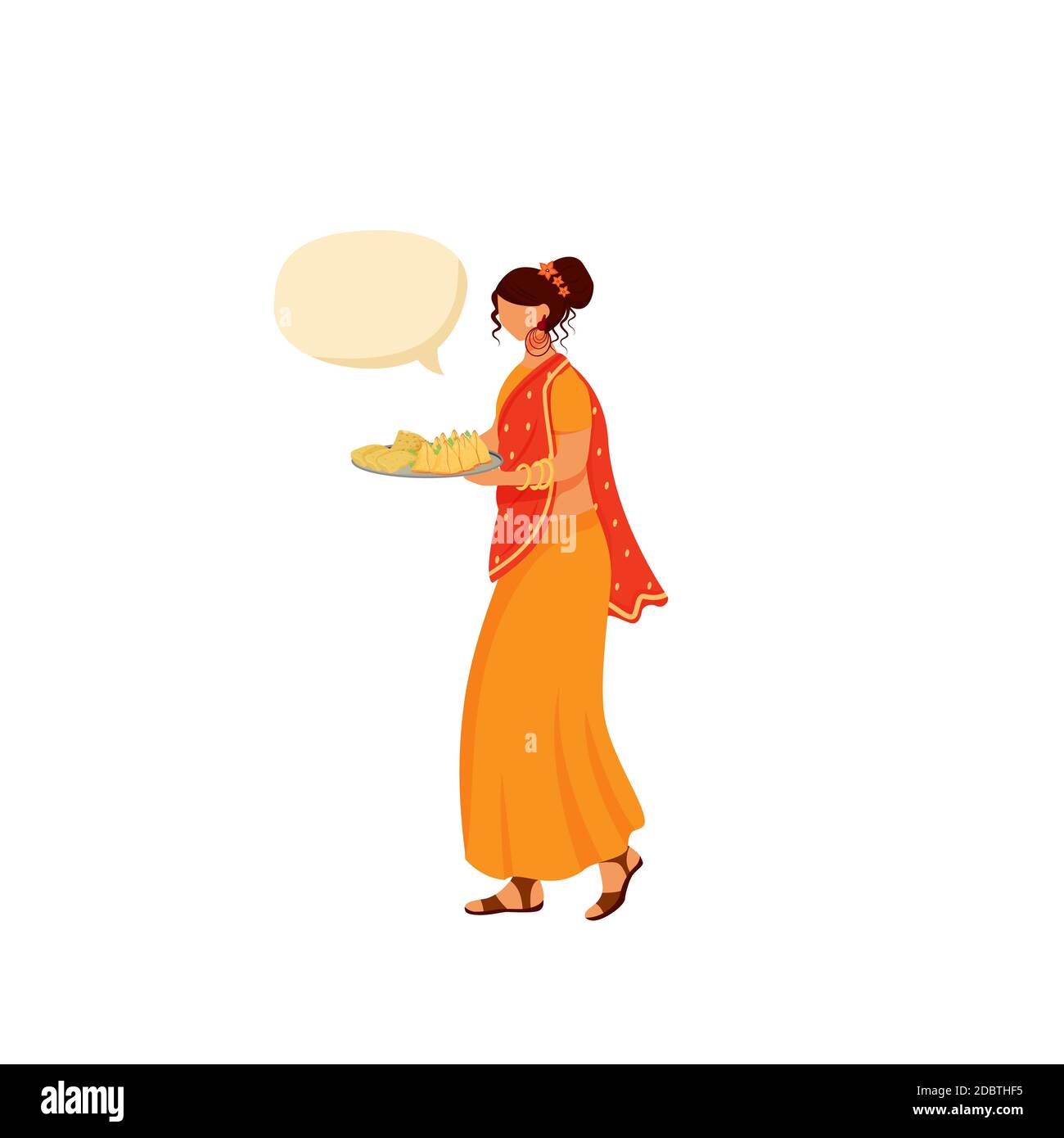 Indian flat color vector faceless character. Woman in traditional saree  serve meal. Girl with food on tray. Person with speech bubble isolated  cartoon Stock Photo - Alamy