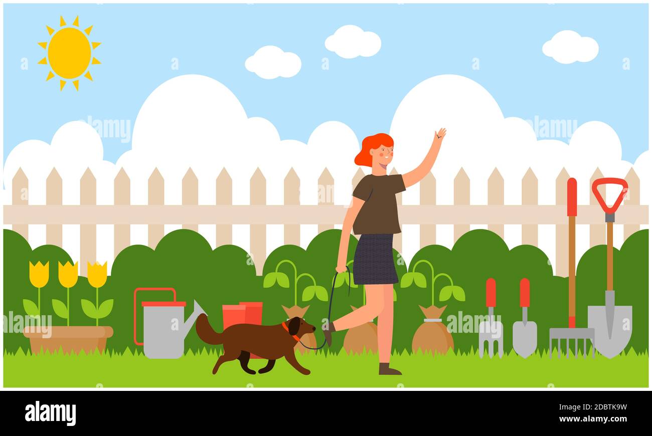 woman walking in the garden with her dog Stock Photo - Alamy