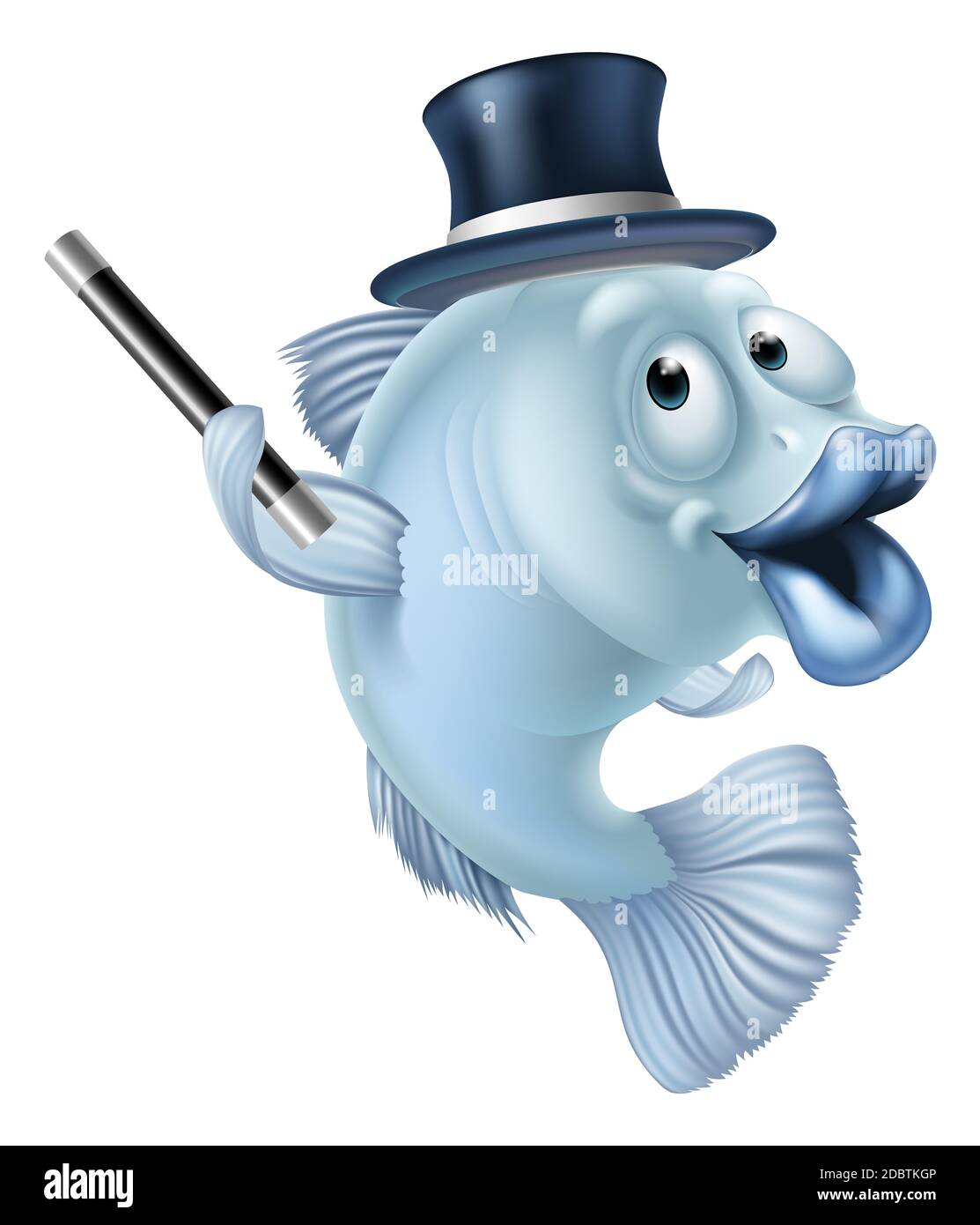 Magic fish cartoon or a fish mascot character in a magicians top hat holding magic wand Stock Photo