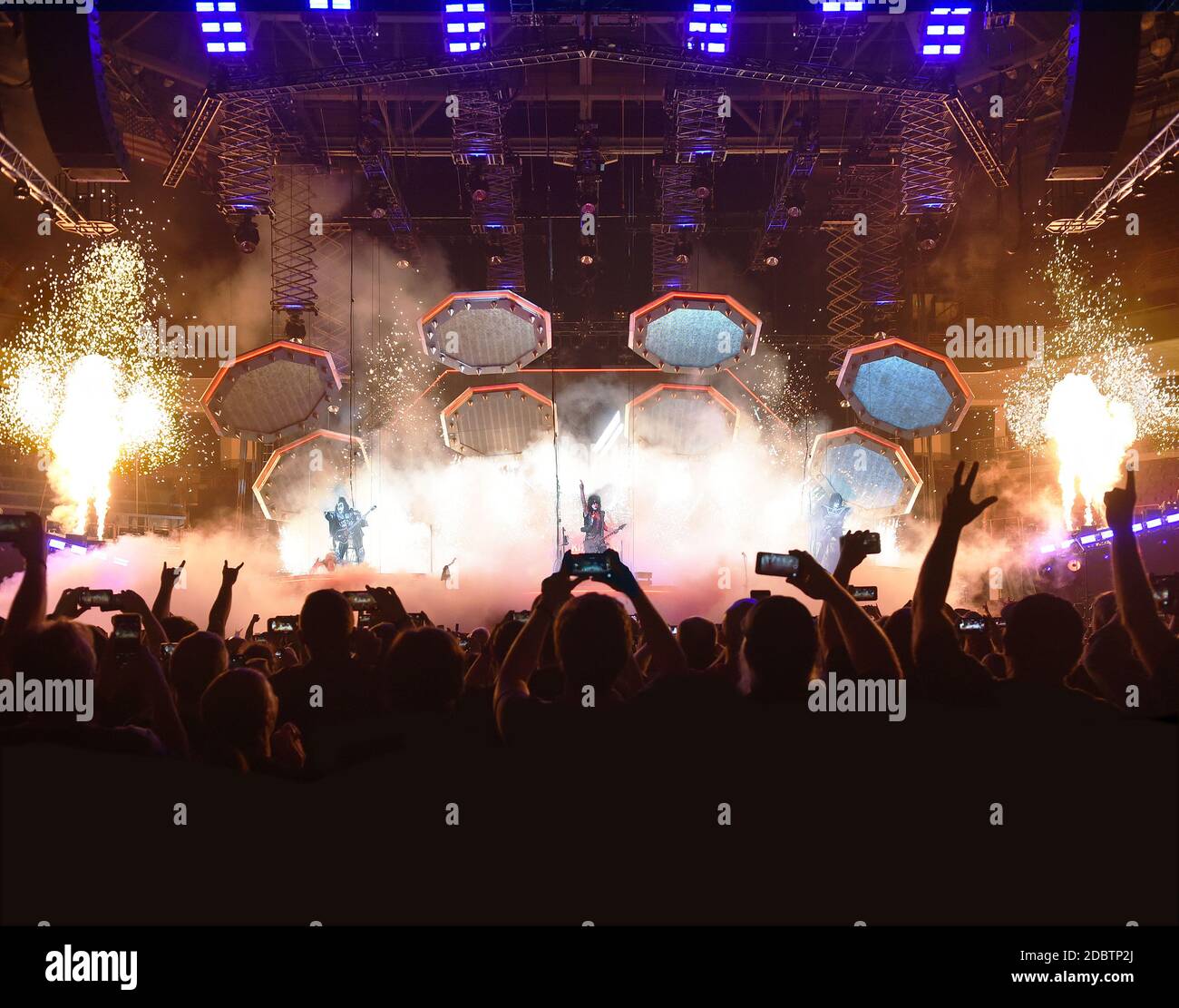 FEBRUARY 11: Gene Simmons, Paul Stanley, and Tommy Thayer of KISS descend from the lighting rig amongst fire and explosions at the start of this concert during the band's End Of The Road Tour at Colonial Life Arena in Columbia, South Carolina on February 11, 2020. CREDIT: Chris McKay / MediaPunch Stock Photo