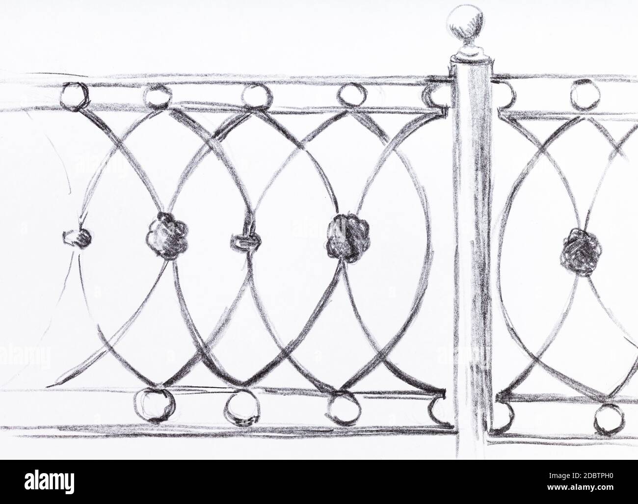 sketch of pattern of iron fence handdrawn by black pencil on white