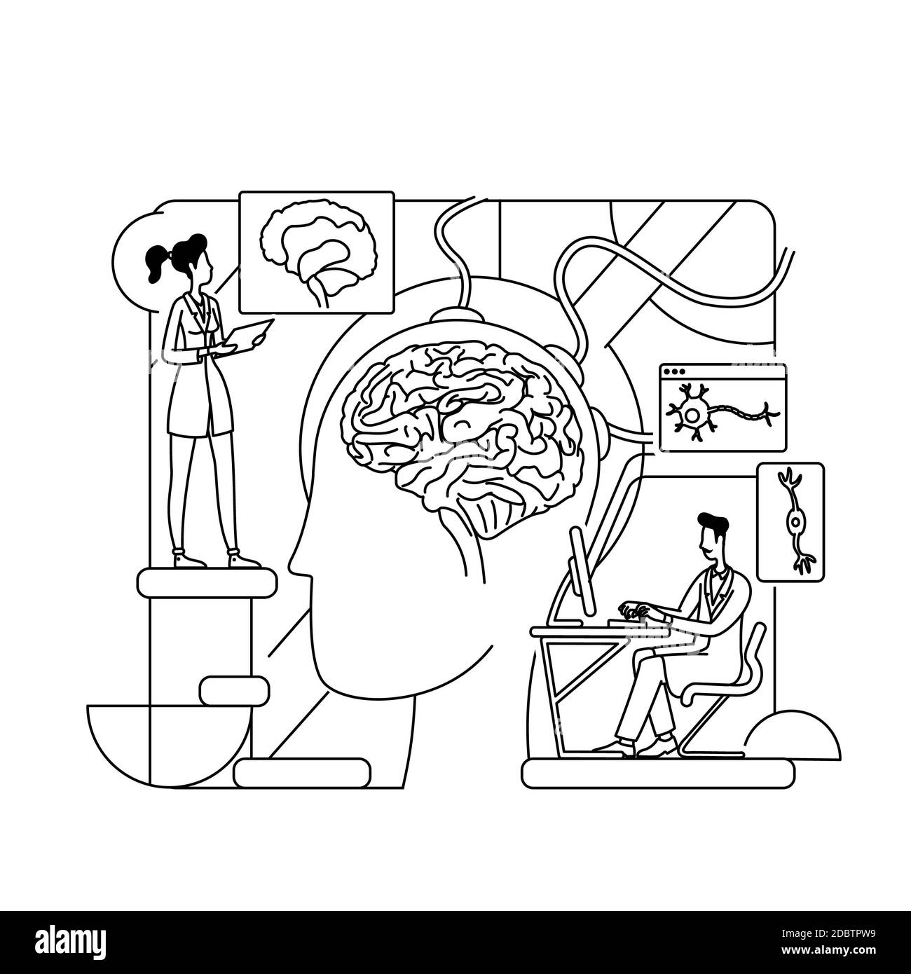 Neurological research thin line concept vector illustration. Science  workers, neurologists 2D cartoon characters for web design. Scientists  studying h Stock Photo - Alamy