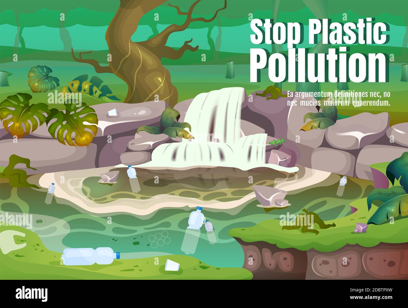 Stop plastic pollution poster flat vector template. Contamination in water. Polluted tropical forest. Brochure, booklet one page concept design with c Stock Photo